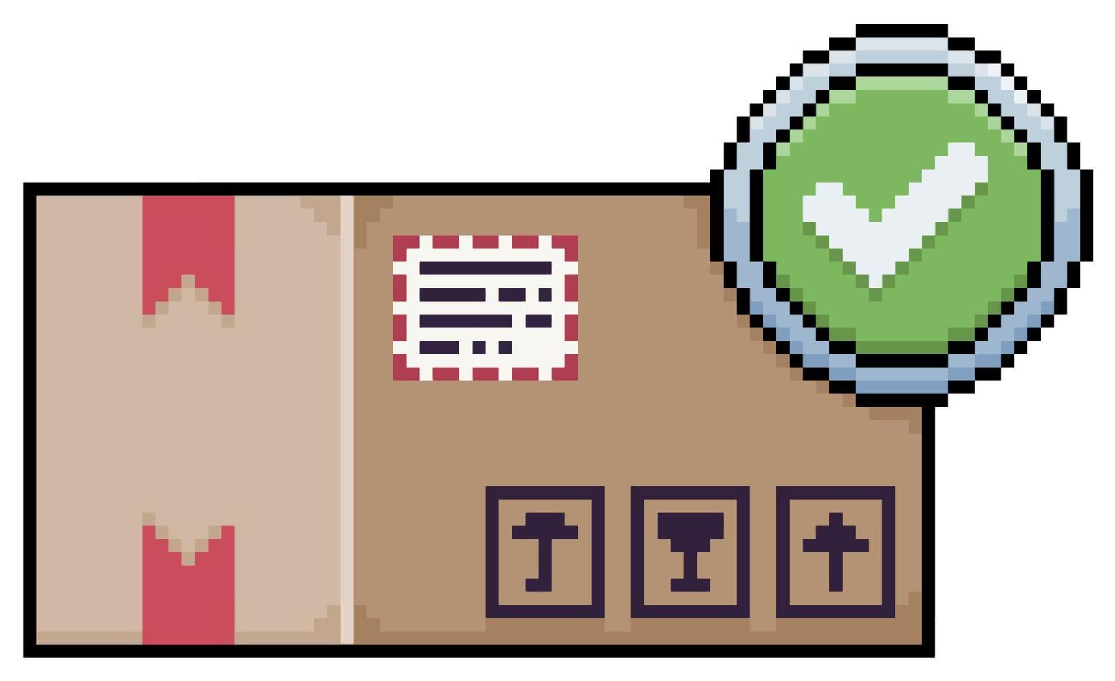 Pixelkunst-Paketkasten mit bestätigtem Bestellsymbol-Vektorsymbol für 8-Bit-Spiel auf weißem Hintergrund vektor