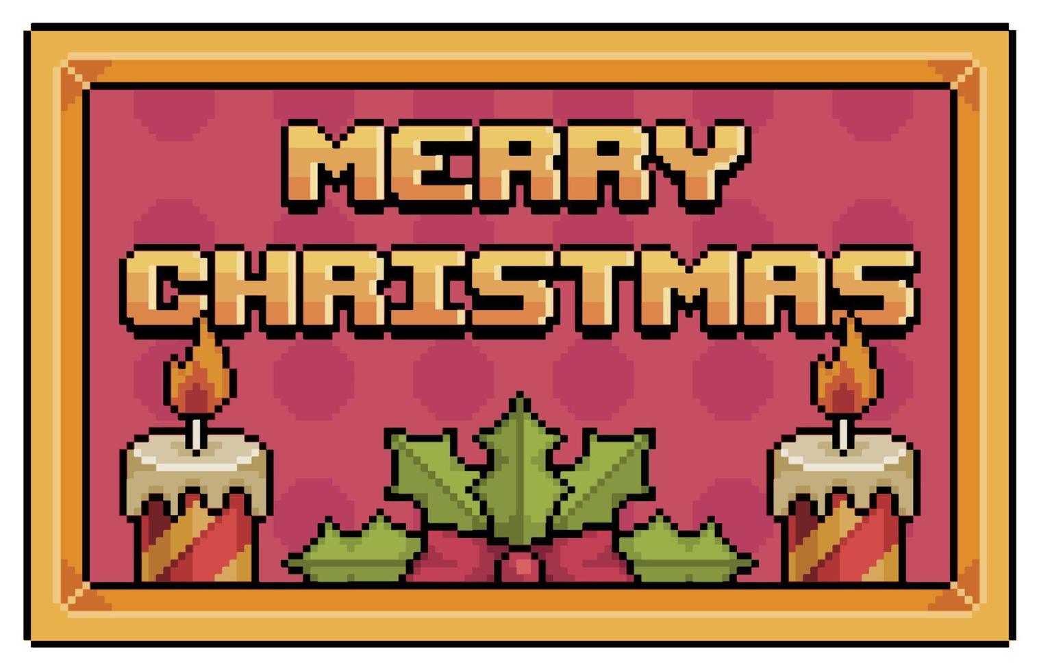 Pixelkunst-Frohweihnachtsrahmen mit Kerzen und Tannenblättern Vektorsymbol für 8-Bit-Spiel auf weißem Hintergrund vektor