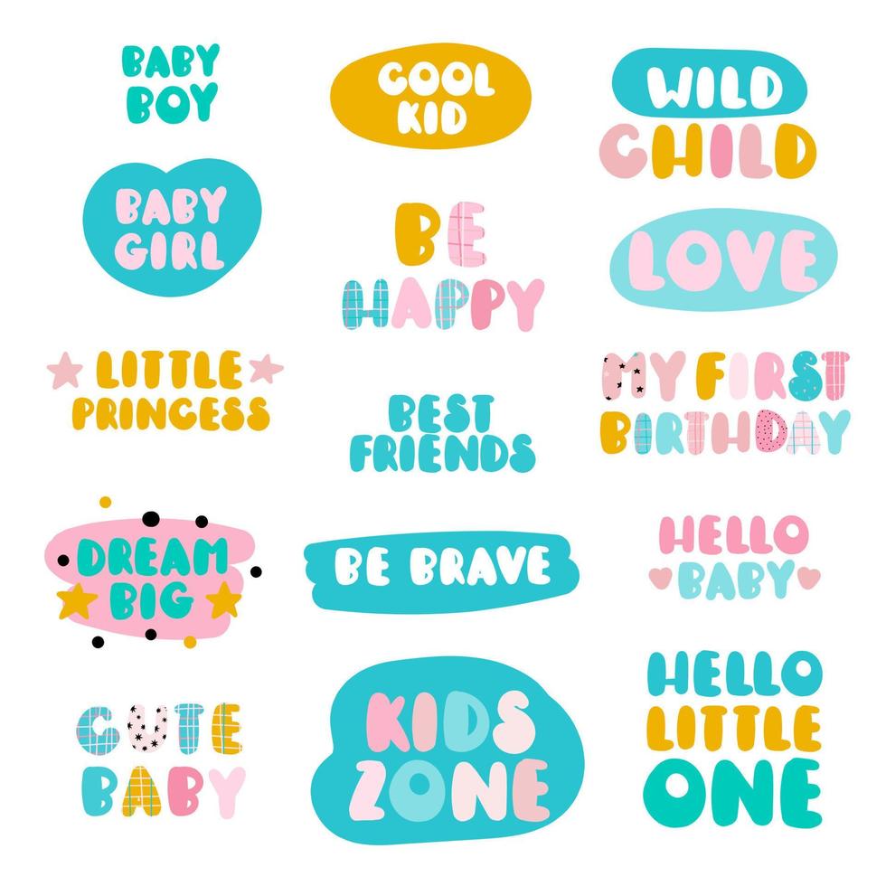 eine Reihe von Zeichentrick-Sätzen für Kinder. süße worte für babyparty, druck für t-shirt und kinderzimmer vektor