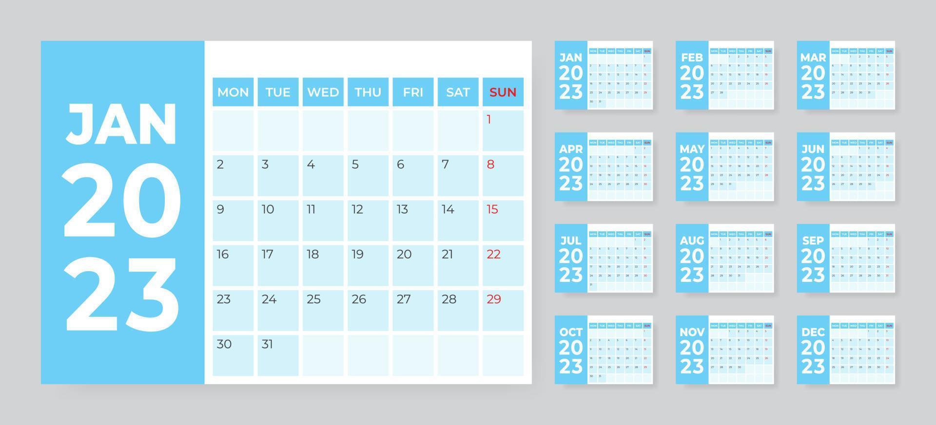 monatliche Tischkalendervorlage für das Jahr 2023. Woche beginnt am Montag vektor