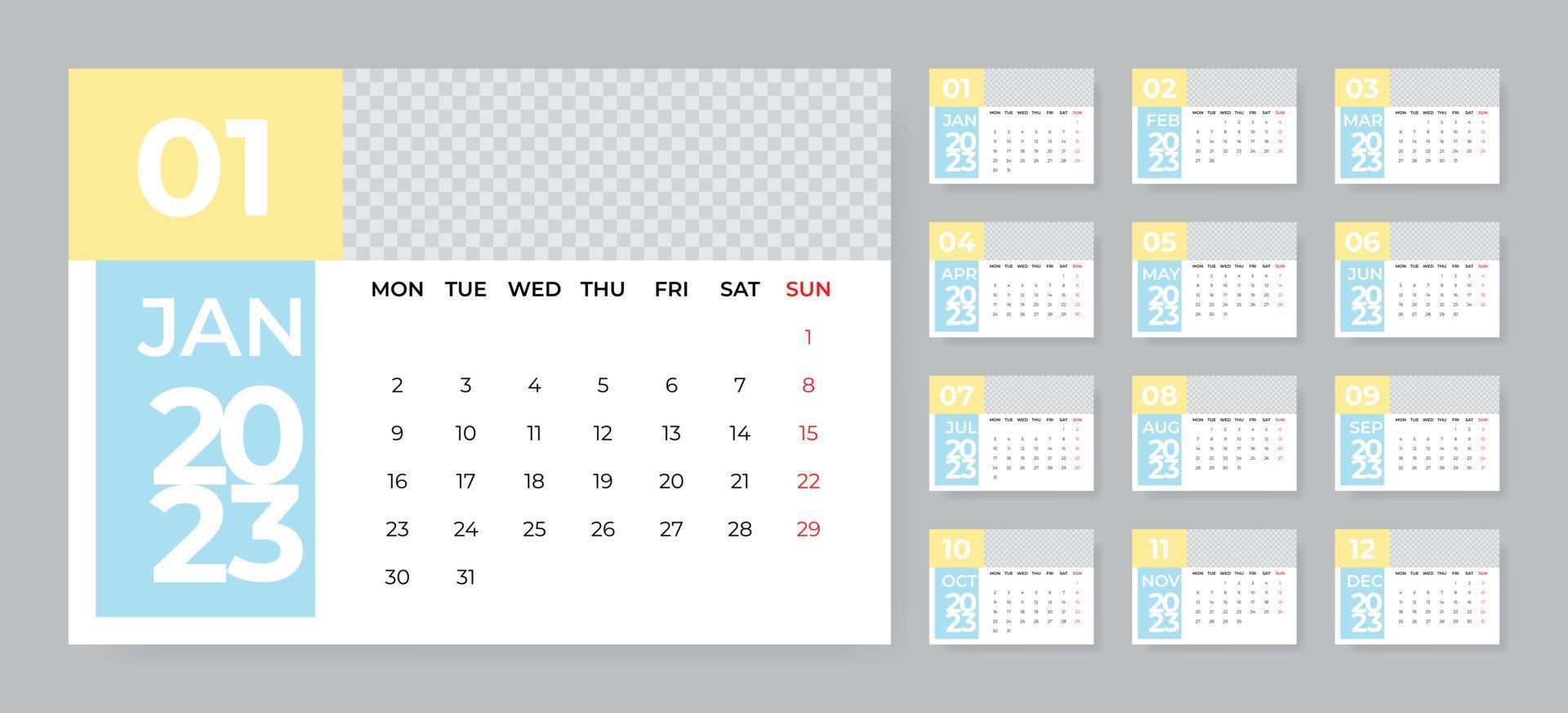 en gång i månaden skrivbord kalender mall för 2023 år. vecka börjar på måndag vektor