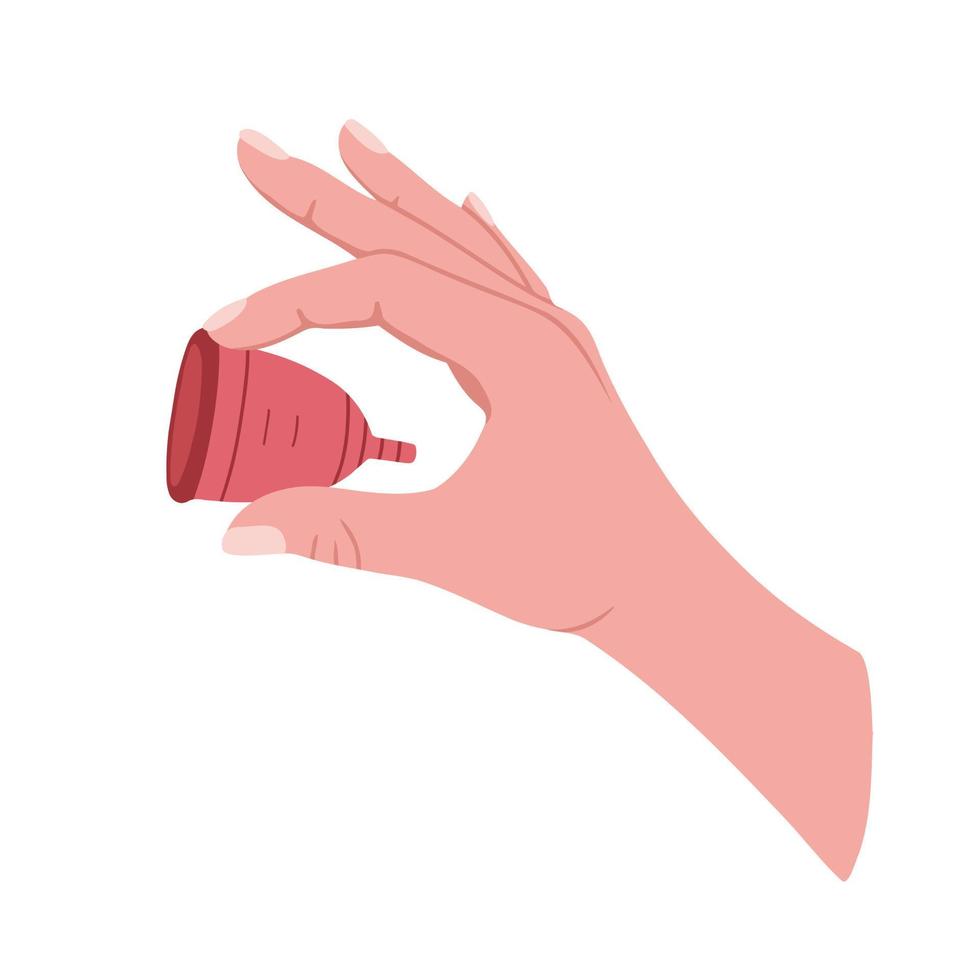 hand med menstruations- kopp. illustration för utskrift, bakgrunder, omslag och förpackning. bild kan vara Begagnade för hälsning kort, affischer, klistermärken och textil. isolerat på vit bakgrund. vektor