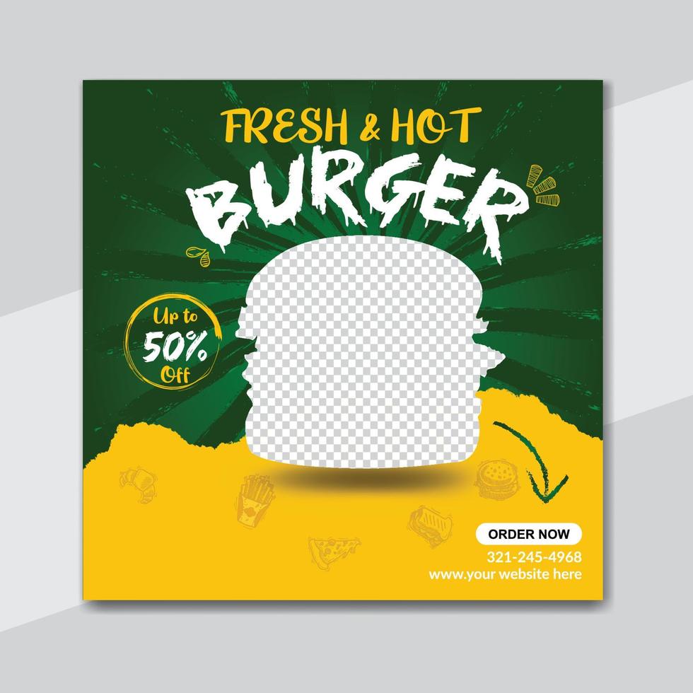 köstliches burger- und lebensmittelmenü social media banner template design vektor