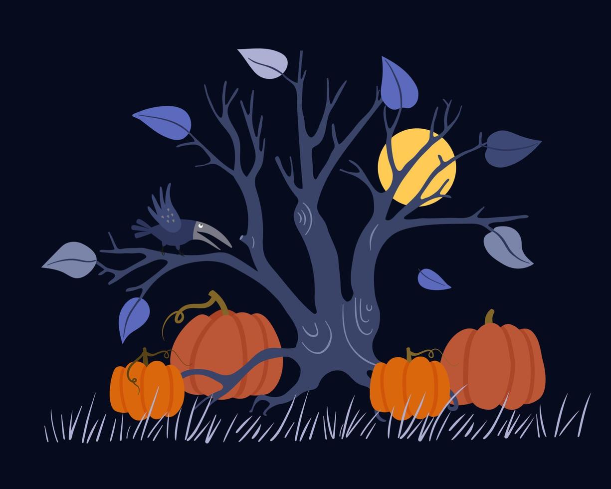 halloween natt scen. skrämmande träd med grenar, en gala, måne och pumpor isolerat på en svart bakgrund. vektor