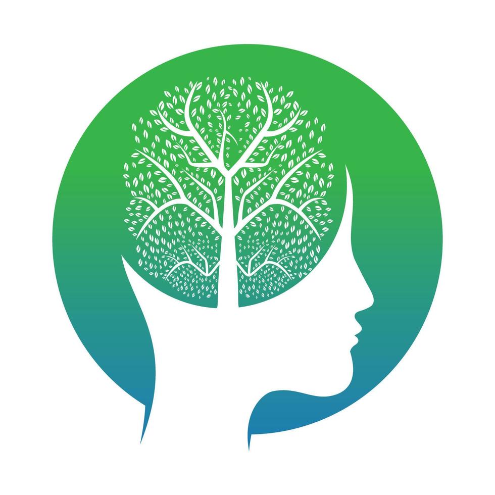 weiblicher Kopf mit Gehirnbaum-Logokonzept. organisches Brain Tree Mind-Konzeptdesign. vektor