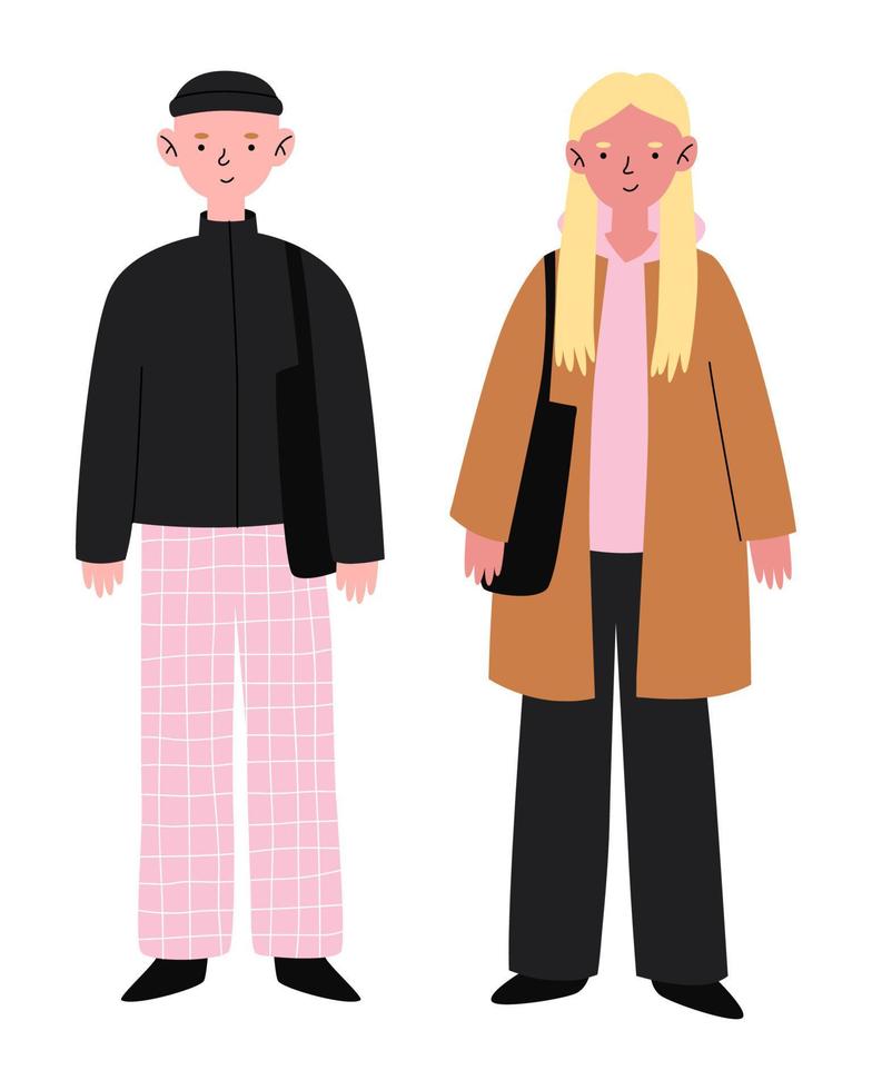 ung flicka och pojke i värma kläder och hatt. höst och vinter- gata stil. generation z karaktär. modern mode utrusta. vektor platt illustration.