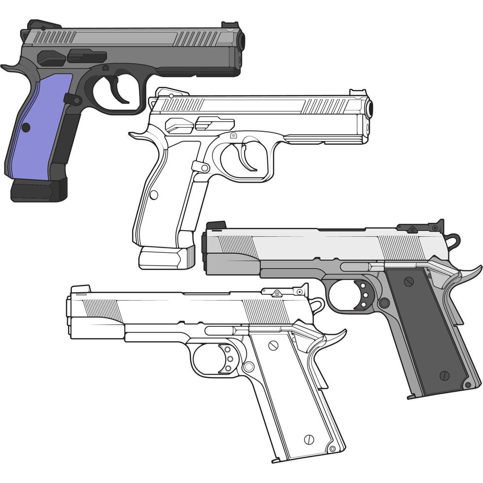 Set von Militär- oder Polizeifeuerwaffen, Vektorstil, Schusswaffe, Waffenillustration, Vektorlinie, für das Training vektor