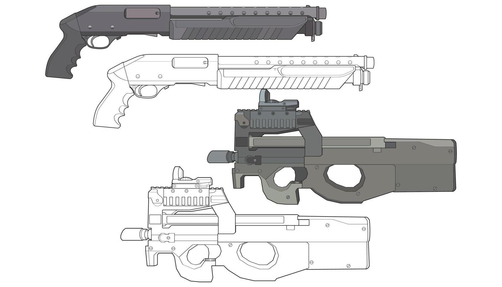 Set von Militär- oder Polizeifeuerwaffen, Vektorstil, Schusswaffe, Waffenillustration, Vektorlinie, für das Training vektor