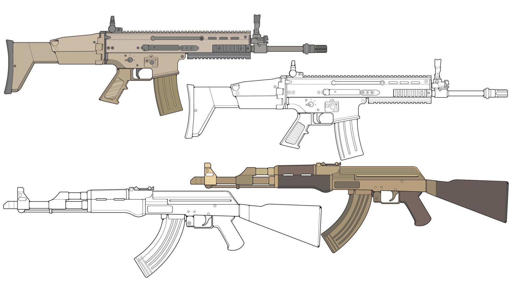 Set von Militär- oder Polizeifeuerwaffen, Vektorstil, Schusswaffe, Waffenillustration, Vektorlinie, für das Training vektor