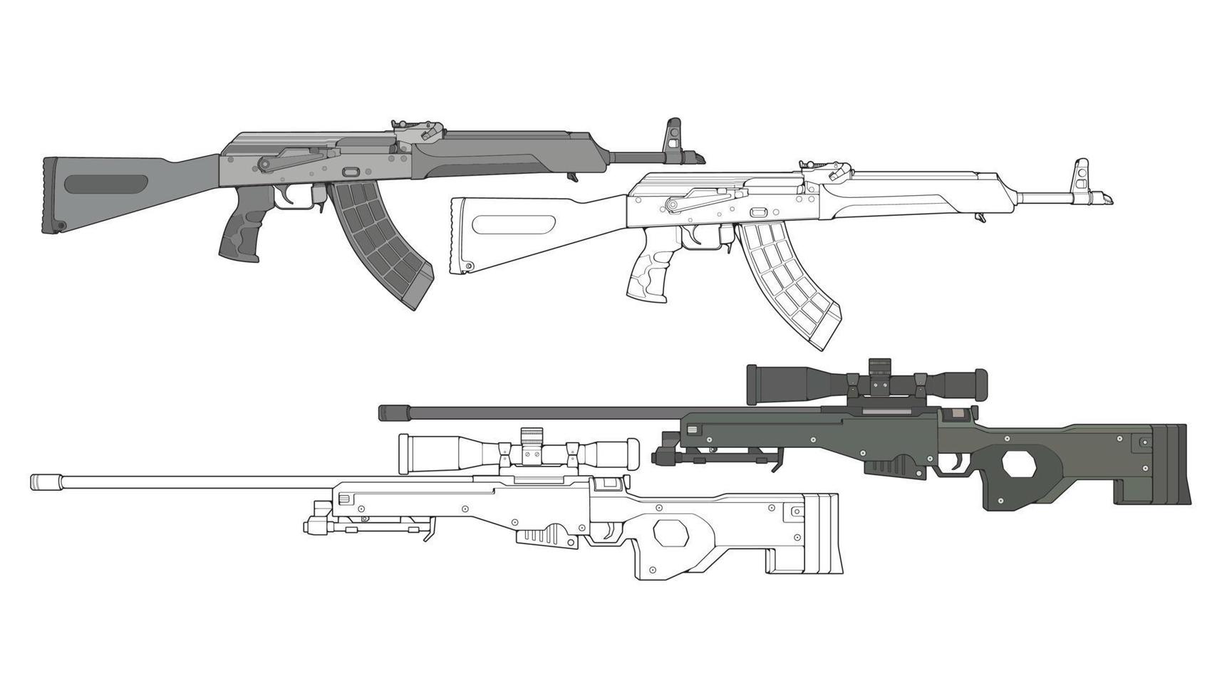 Set von Militär- oder Polizeifeuerwaffen, Vektorstil, Schusswaffe, Waffenillustration, Vektorlinie, für das Training vektor