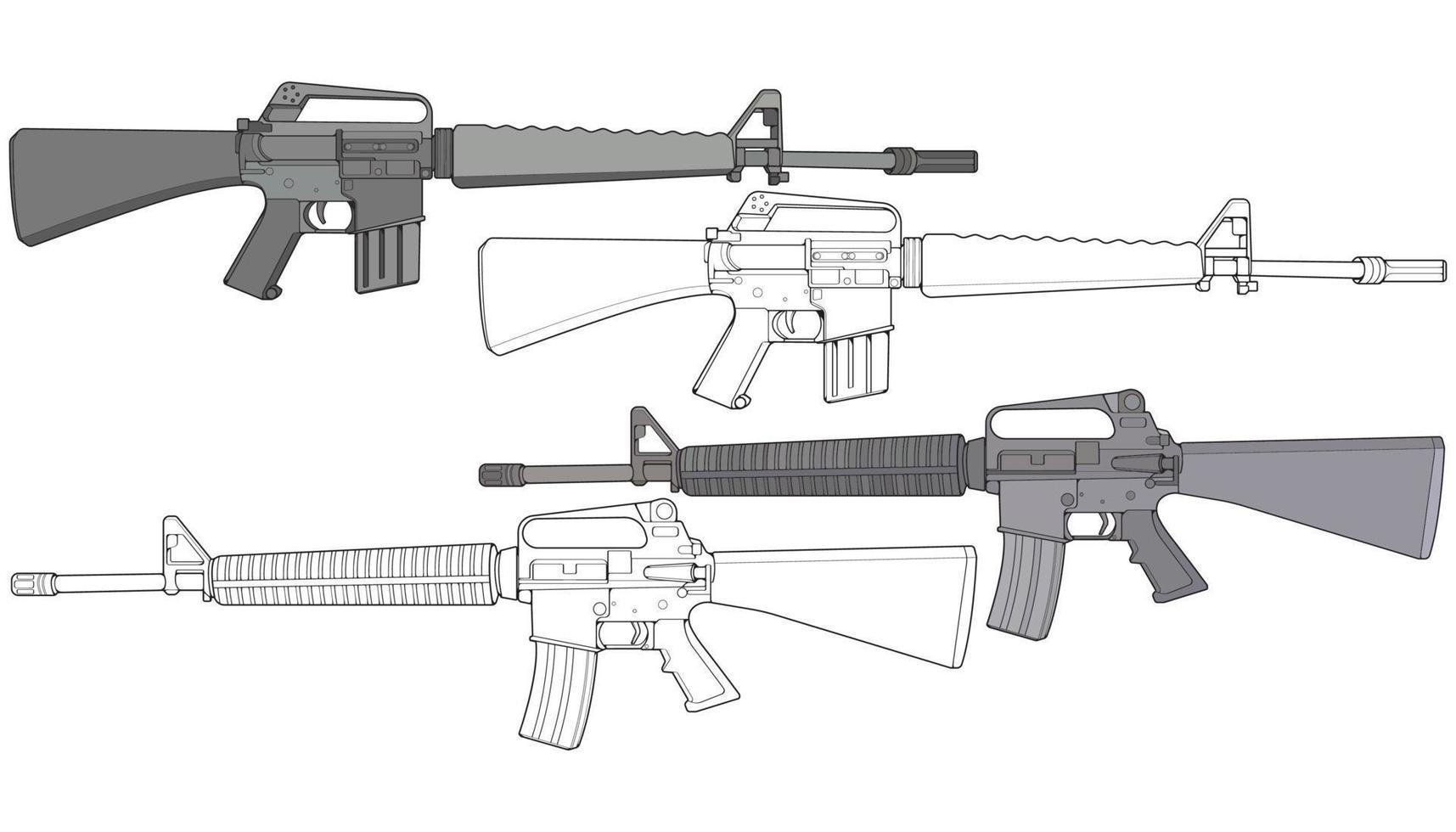 Set von Militär- oder Polizeifeuerwaffen, Vektorstil, Schusswaffe, Waffenillustration, Vektorlinie, für das Training vektor