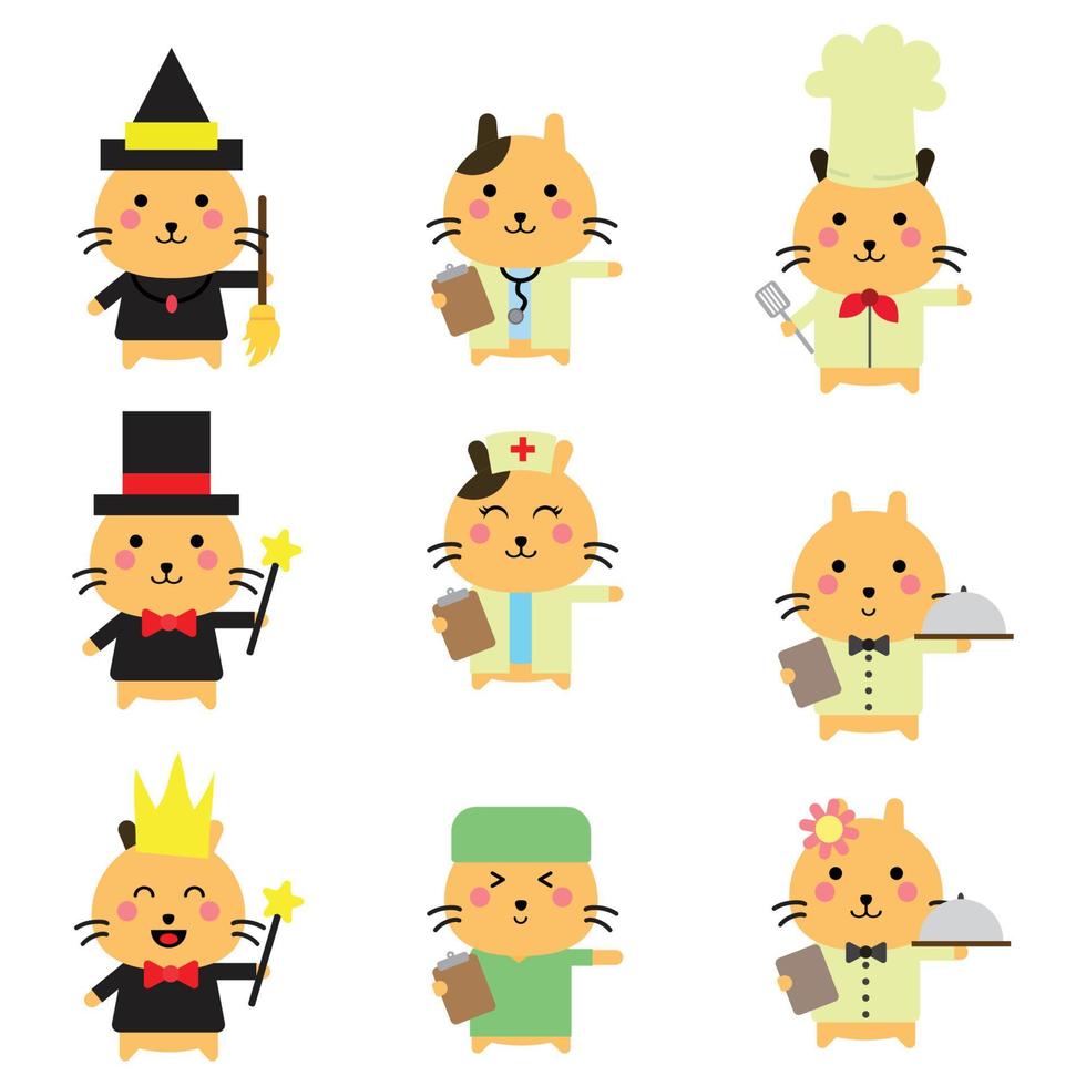 söt katt maskot. kock katt, läkare katt, trollkarl katt och kung, laga mat, servitör, kock, orange vektor