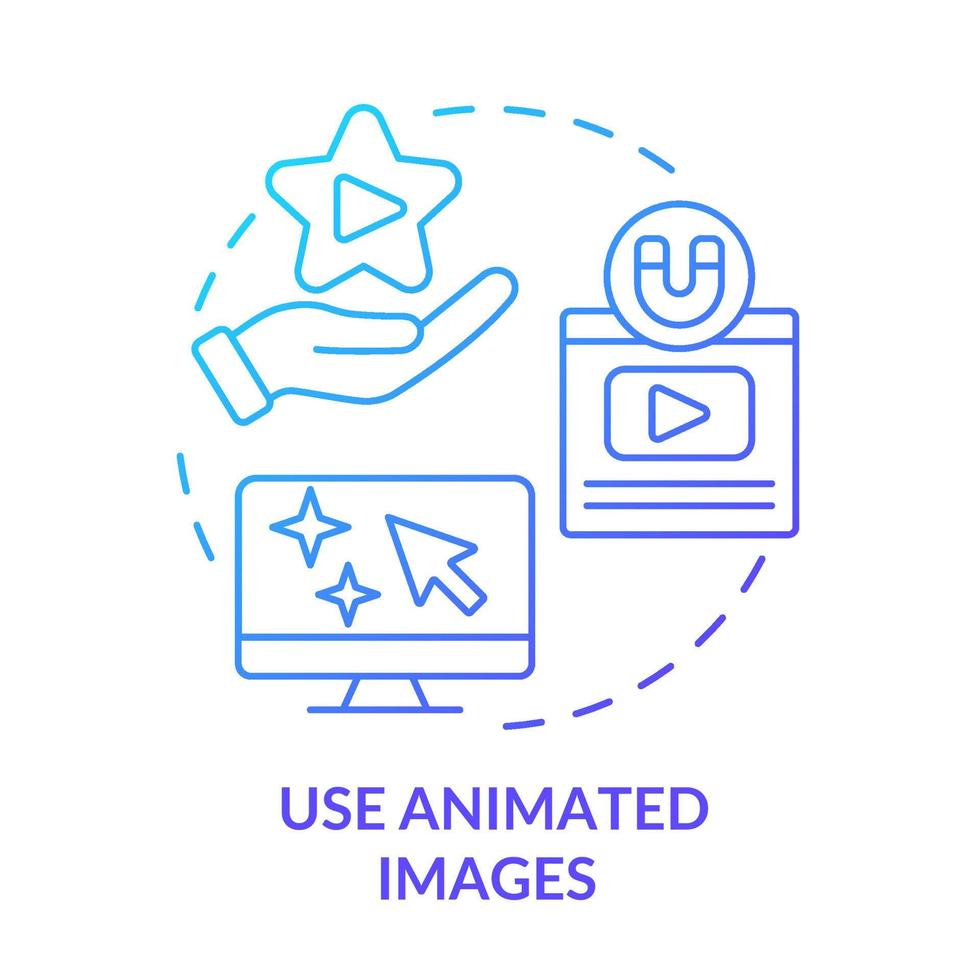 Verwenden Sie animierte Bilder Symbol für blaues Gradientenkonzept. Bewegte Bilder in hoher Qualität. fortgeschrittene seo-technik abstrakte idee dünne linie illustration. isolierte Umrisszeichnung. vektor