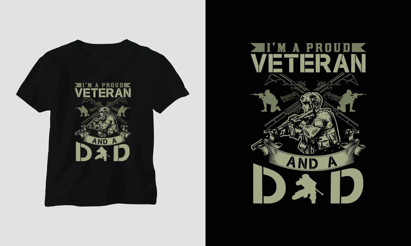 Veteranen-Tag-T-Shirt-Design mit dem Soldaten, der Flagge, den Waffen und dem Schädel. Vintage-Stil mit Grunge-Effekt vektor