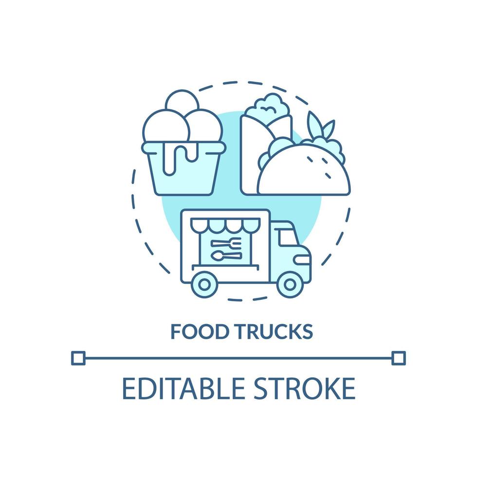 mat lastbilar turkos begrepp ikon. restaurang typ abstrakt aning tunn linje illustration. fordon för försäljning snacks. isolerat översikt teckning. redigerbar stroke. vektor