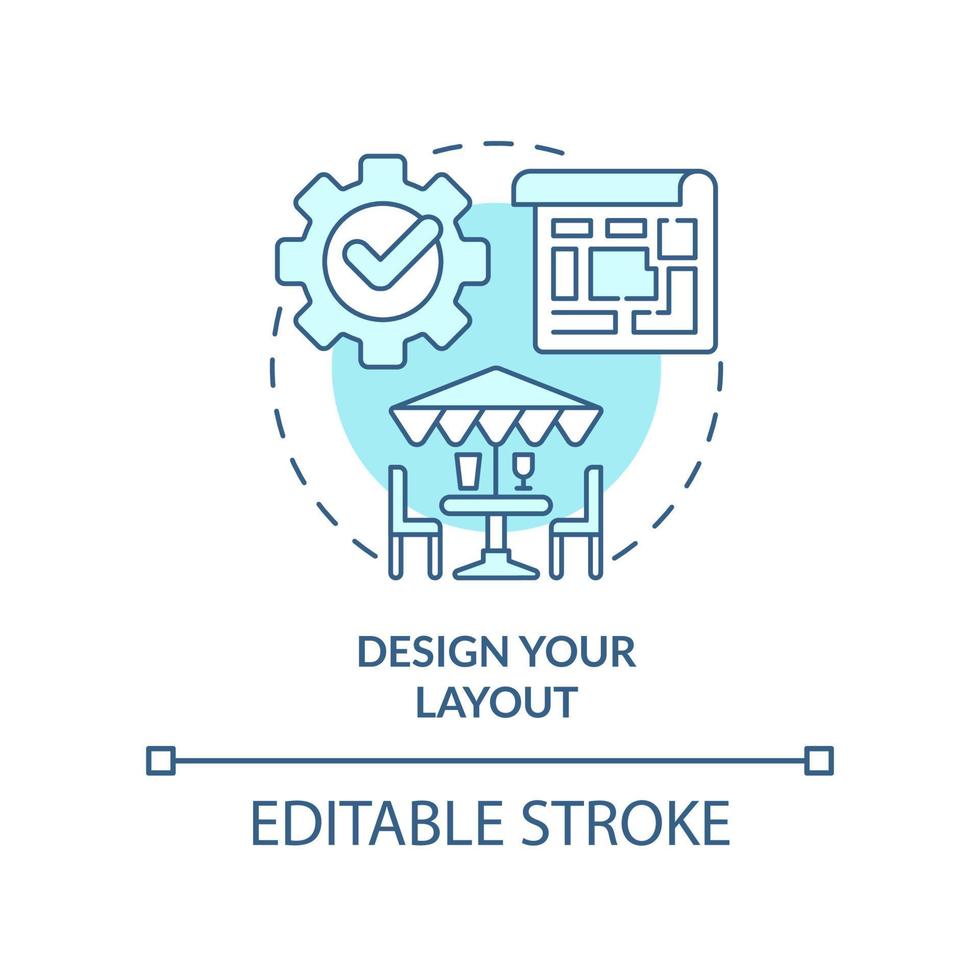 design layout turkos begrepp ikon. öppning restaurang steg abstrakt aning tunn linje illustration. Plats tilldelning. isolerat översikt teckning. redigerbar stroke. vektor