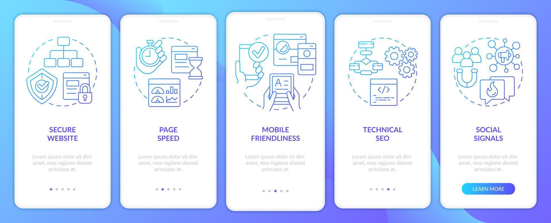 seo-ranking-faktoren blauer farbverlauf beim onboarding des mobilen app-bildschirms. Komplettlösung 5 Schritte grafische Anweisungen mit linearen Konzepten. ui, ux, gui-Vorlage. vektor