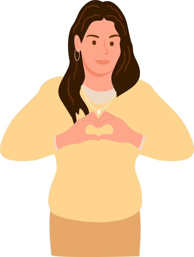 leende ung flicka i en gul Tröja som visar en hjärta med både händer, en tecken av kärlek vektor