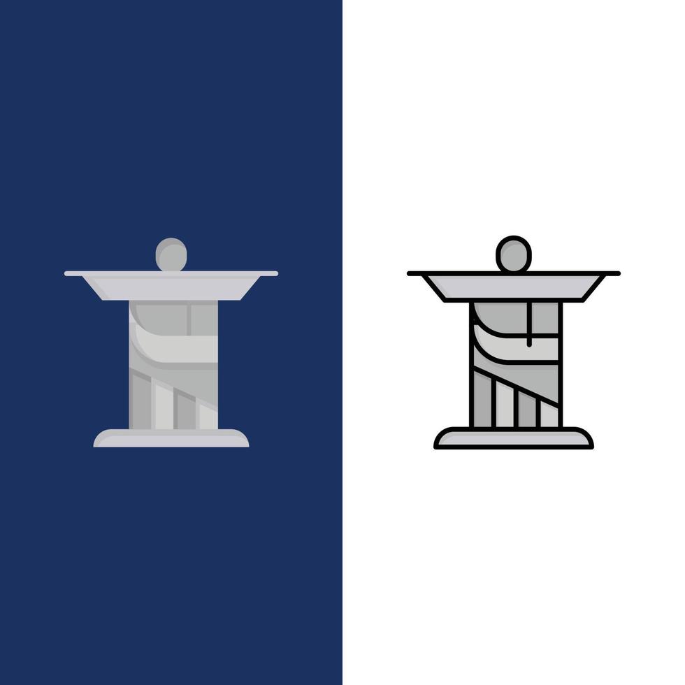 Jesus christ monument landmärke ikoner platt och linje fylld ikon uppsättning vektor blå bakgrund