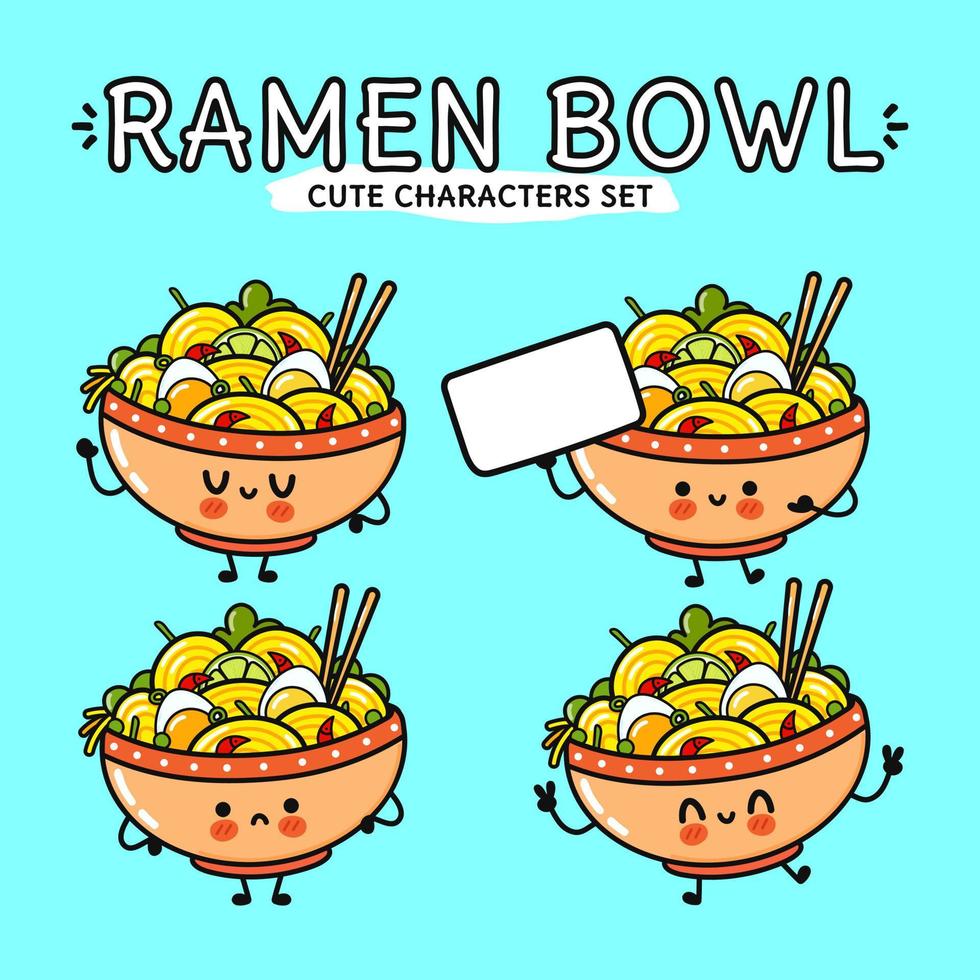 lustige niedliche glückliche Ramen-Schüssel-Zeichen-Bundle-Set. Vektor handgezeichnete Doodle-Stil Cartoon-Figur Illustration Icon-Design. isoliert auf blauem Hintergrund. süße Ramen-Schüssel-Maskottchen-Charaktersammlung