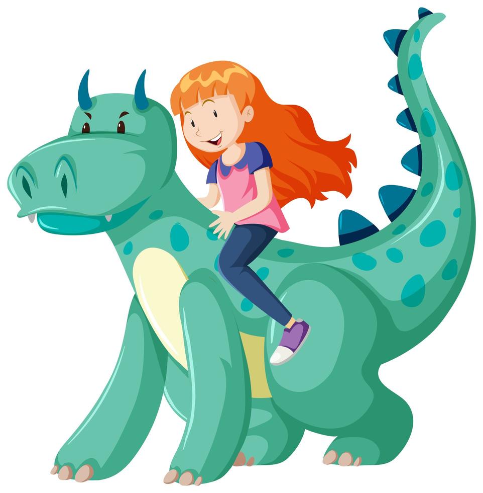 Cartoon-Mädchen, das einen Drachen reitet vektor