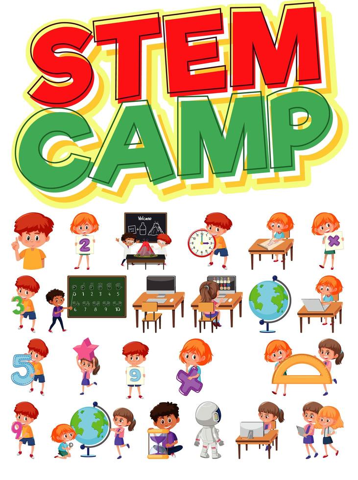 Stem Camp Camp Schriftzug und Kinder lernen Set vektor