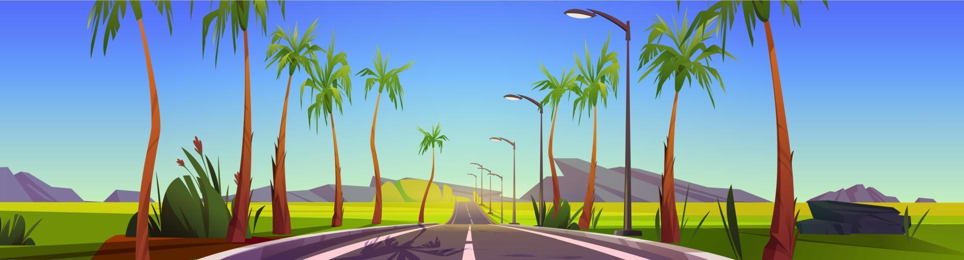 tropisk landskap med bil väg, handflatan träd vektor