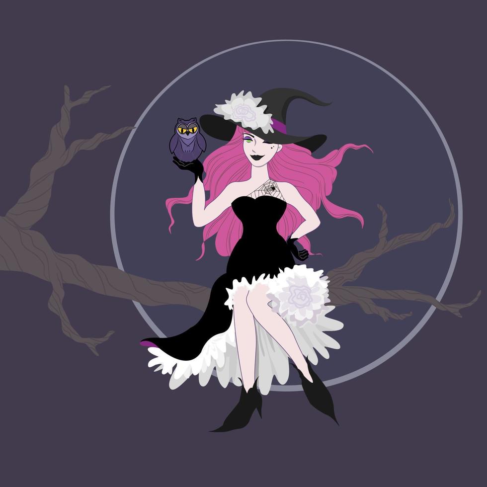Vektor-Halloween-Zeichentrickfigur Zeichnung Schönheit rosa langes Haar Hexenwaren schwarz-weißes Kleid schwarzer Hut, mit violetter Eule, sitzend auf trockenem Baumzweig blauer Mond im dunklen Nachthintergrund vektor