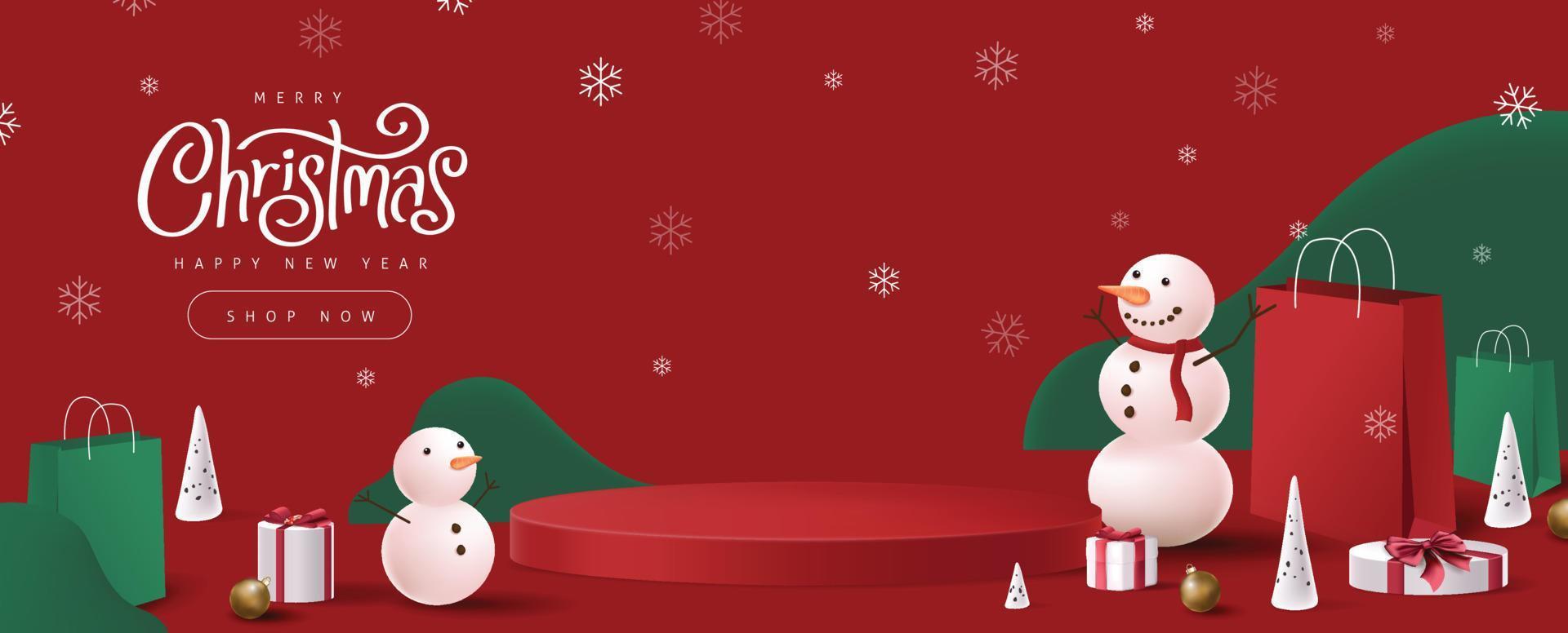 frohe weihnachten banner mit zylindrischer form der produktanzeige und winterurlaubszusammensetzung vektor