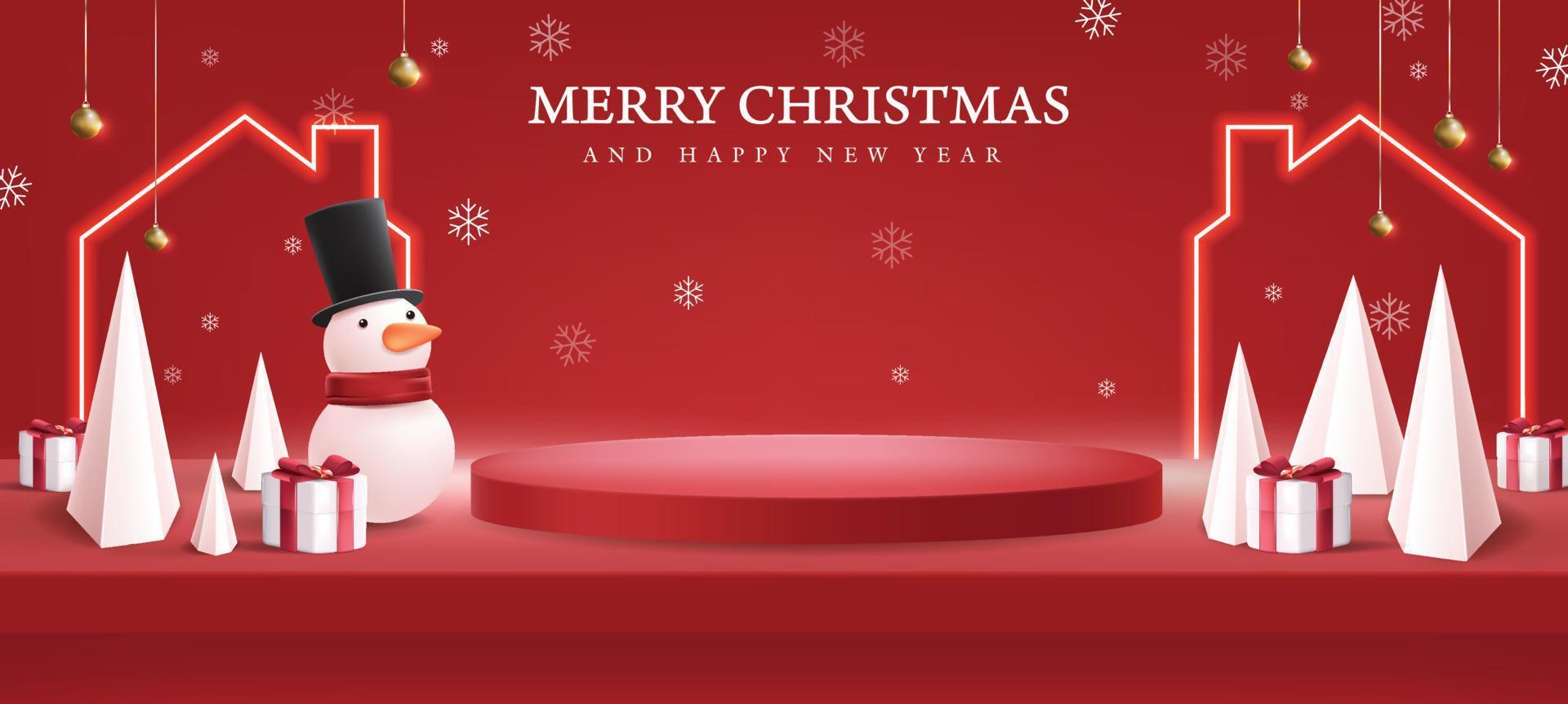 weihnachtskomposition im roten regal an der wand zur ausstellung mit schneemannzylinderform und geschenkbox und hausform neon vektor