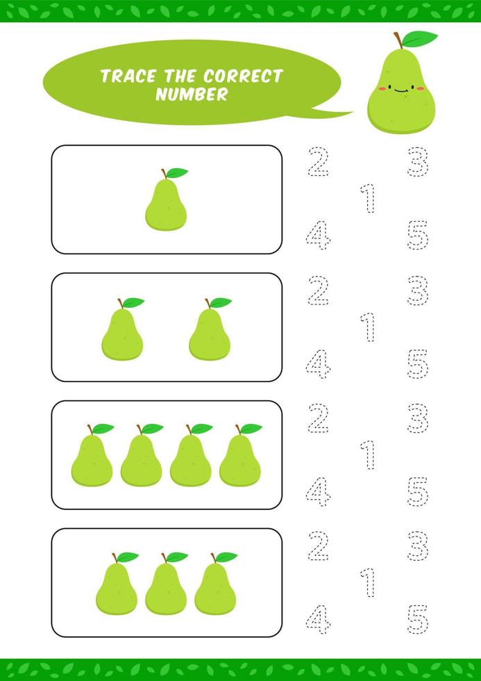 förskola räkning lära sig kalkylblad spårande skrivning siffra aktivitet vektor mall med söt avokado päron tecknad serie illustration för barn barn