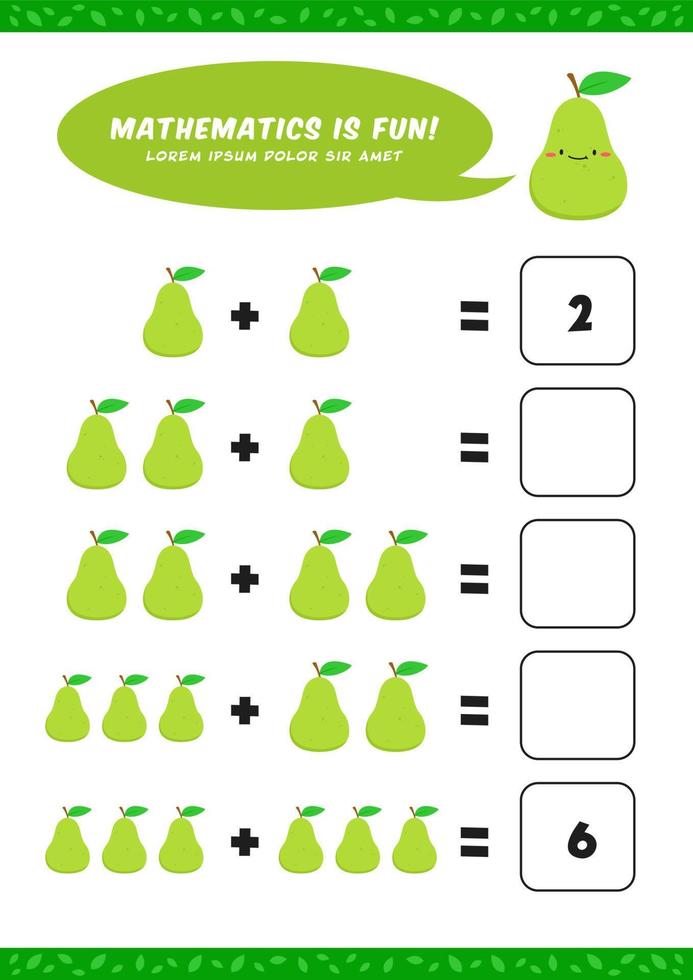 förskola tillägg matematik lära sig kalkylblad aktivitet mall med söt avokado päron illustration för barn barn vektor
