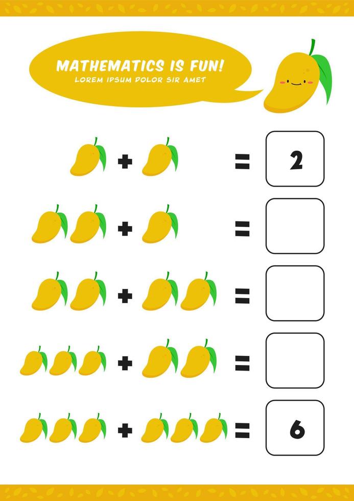 förskola tillägg matematik lära sig kalkylblad aktivitet mall med söt mango illustration för barn barn vektor