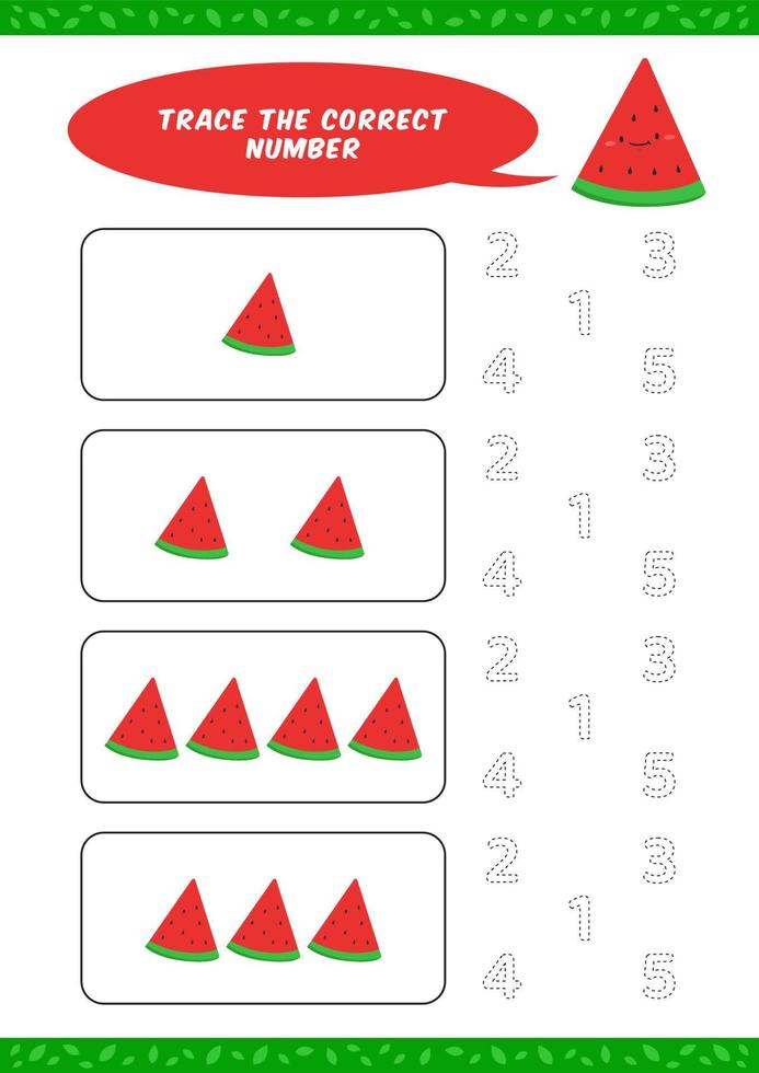 förskola räkning lära sig kalkylblad spårande skrivning siffra aktivitet vektor mall med söt vattenmelon tecknad serie illustration för barn barn