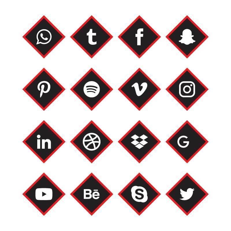 sociala medier svart, rött hörn ikonuppsättning vektor