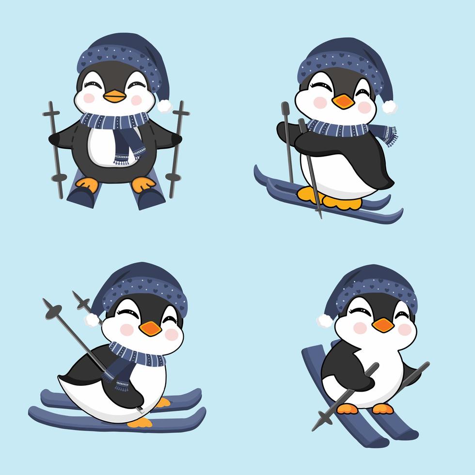 Set von Kawaii Pinguinen Skifahren vektor
