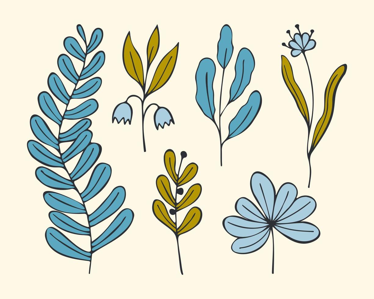 uppsättning klotter färg blomma kvistar hand ritade, kontur, isolerat. vektor illustration