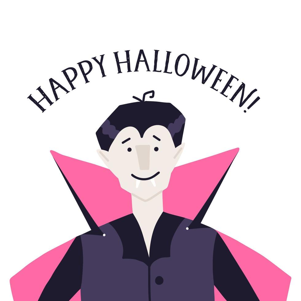 lustiger vampircharakter, halloween-grußkarte - flache vektorillustration der karikatur auf weißem hintergrund. Halloween-Partykostüm mit Umhang und Reißzähnen. süßer kindlicher Charakter. vektor