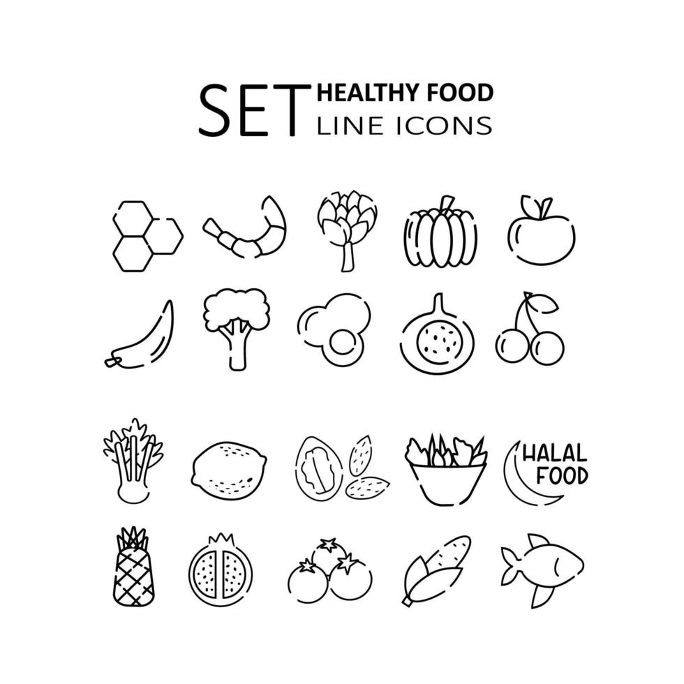 handgezeichneter satz von lebensmittelliniensymbolen. 20 schwarze Liniensymbole auf weißem Hintergrund. gesundes und halal-food-vektorkonzept. vektor