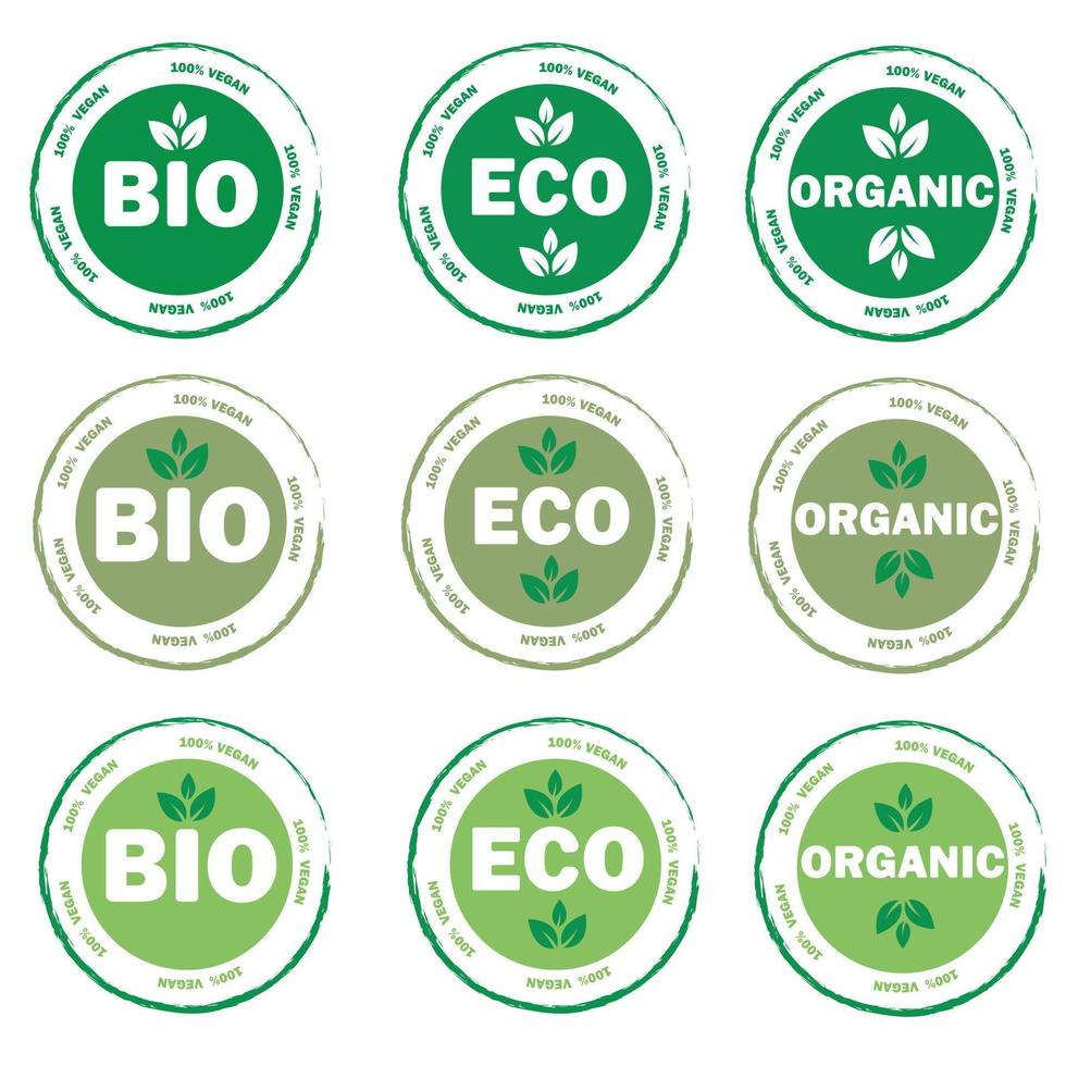 aufkleber, etikett, abzeichen und logo für öko-, bio-, bio-produkte. vegan. umweltfreundliches Abzeichen. Logo-Vorlage für organische und umweltfreundliche Produkte. vektor