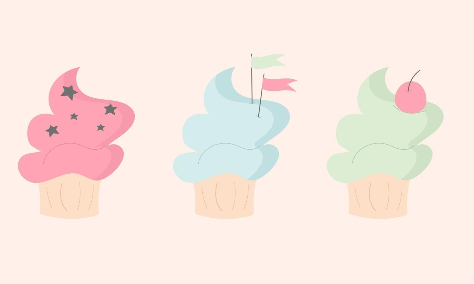 uppsättning av tecknad serie cupcakes. efterrätt vektor illustration design