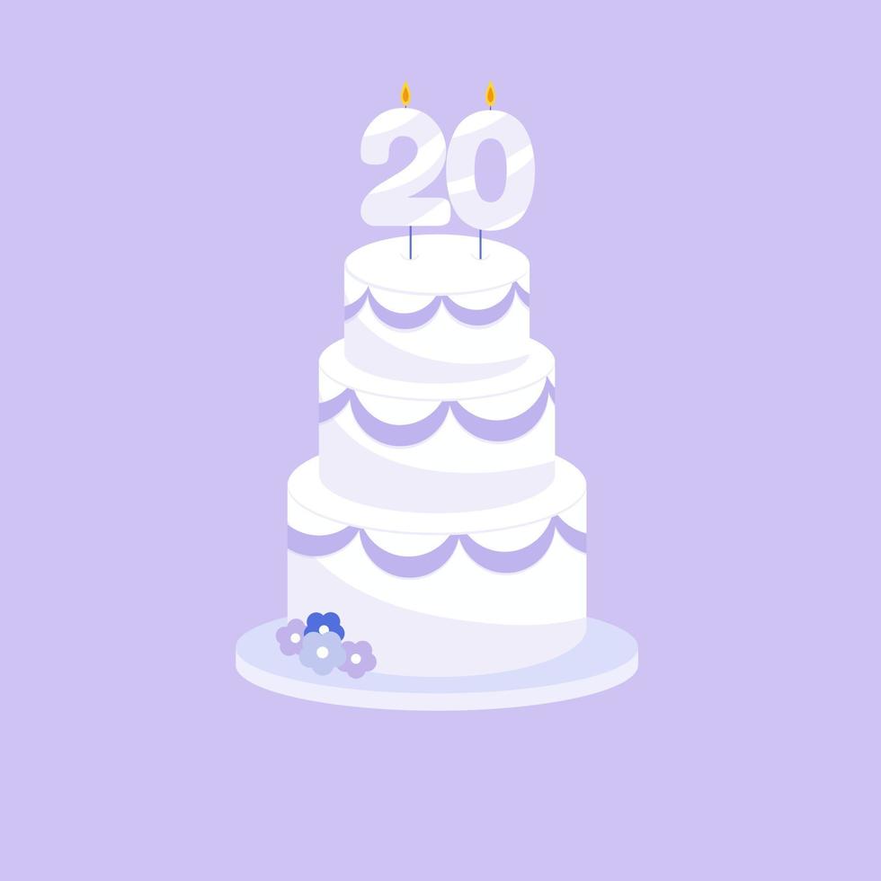 festlig kaka med ett ålder tjugo ljus i platt stil. vektor illustration
