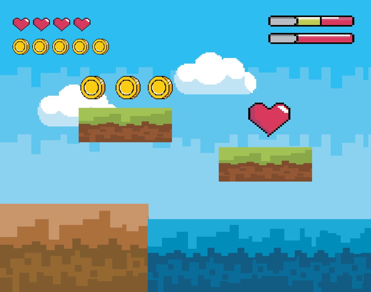 Videospielszene mit Münzen und Herz vektor