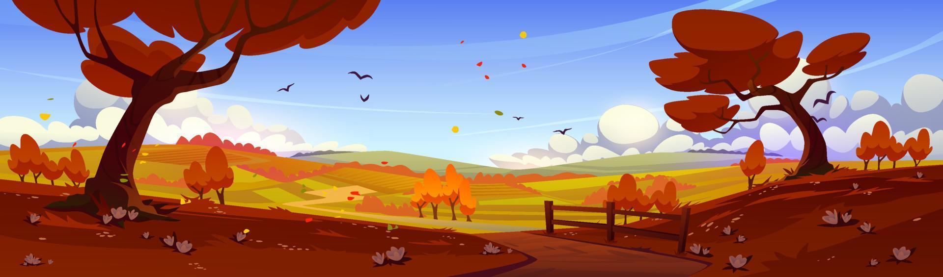 ländliche Herbstlandschaft mit Orangenbäumen, Feldern vektor