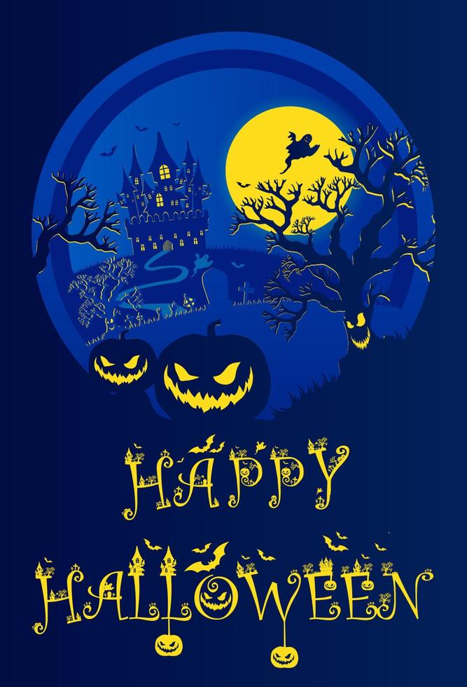 halloween natt bakgrund, pumpor och mörk slott.halloween mörk blå affisch. vektor