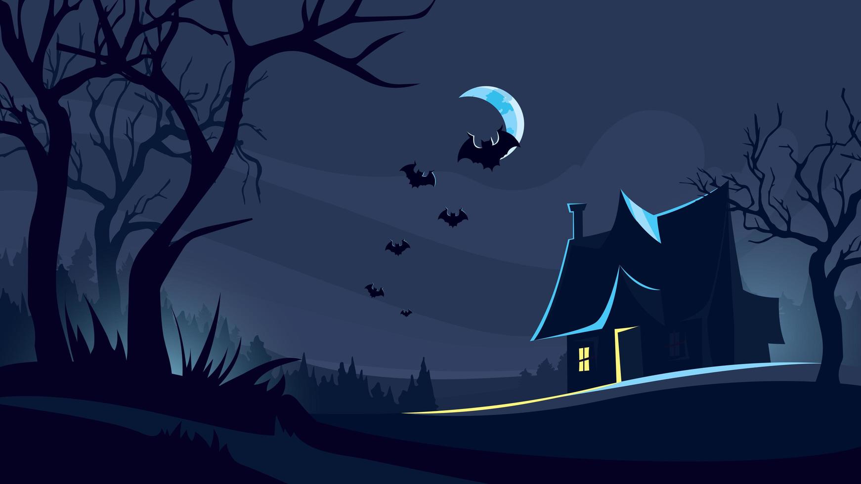 Halloween-Hintergrund mit Haus im dunklen Wald. vektor
