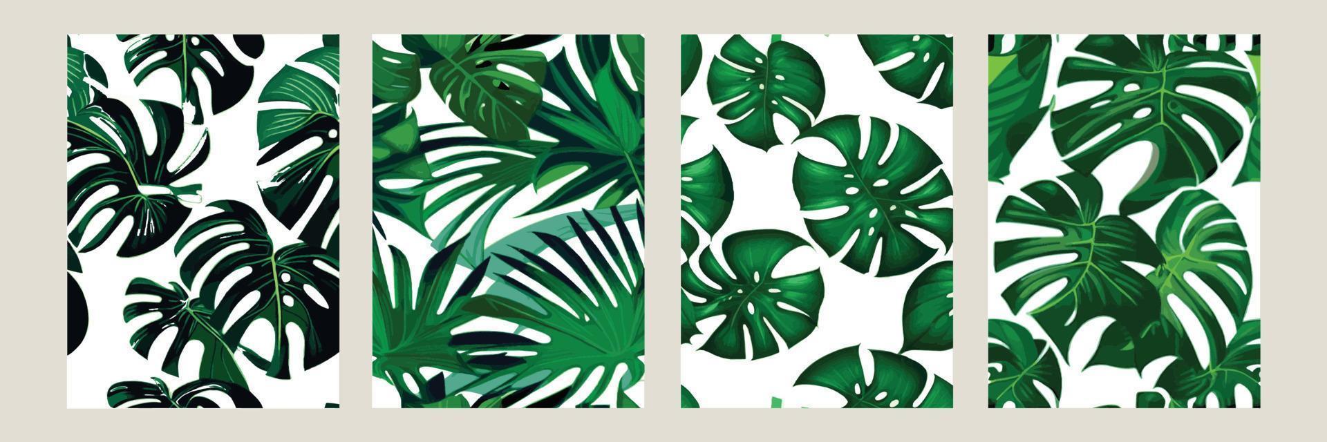 grön monstera som en mönster på en vit bakgrund. exotisk mönster med tropisk löv. vektor illustration. uppsättning av fyrkant posters