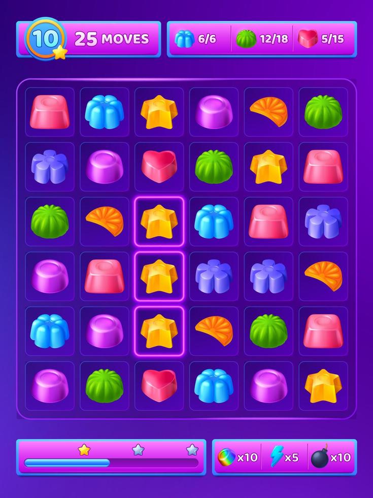 Match-3-Spielhintergrund mit niedlichen Süßigkeiten-Symbolen vektor
