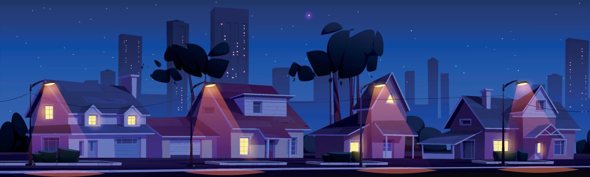 Straße im Vorort mit Häusern in der Nacht vektor