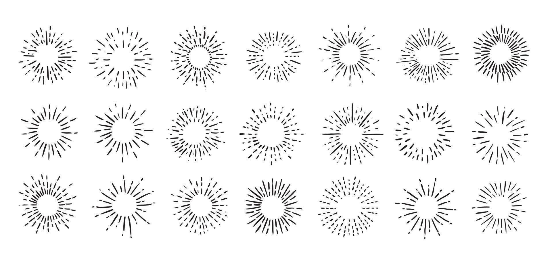 Feuerwerk handgezeichnete Symbole gesetzt. Bilder von Sonnenstrahlen. Vektor. vektor